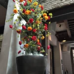 Grote grijze pot met 1,5 meter hoge bloemen op stam in de kleuren rood en oranje