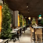 Tafels en stoelen in keersfeer door groene smalle kerstbomen met geringe kerstverlichting