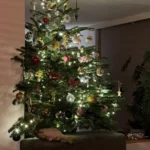Kerstboon in een woonkamer met subtiele verlichting en diverse verschillende ornamenten